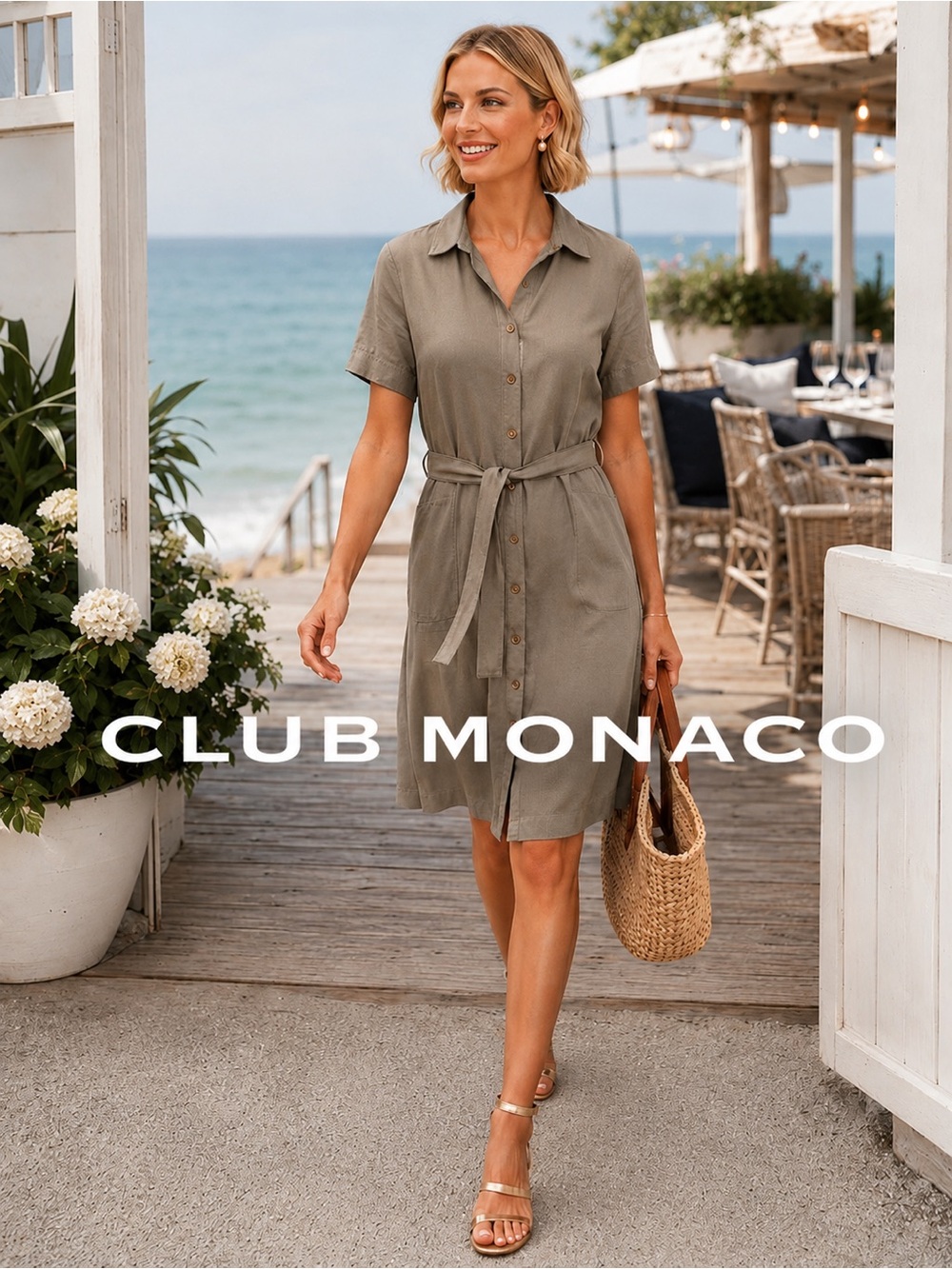 🌸Club Monaco Olive-Grey Button Shirt Dress with belt L quiet luxury old money